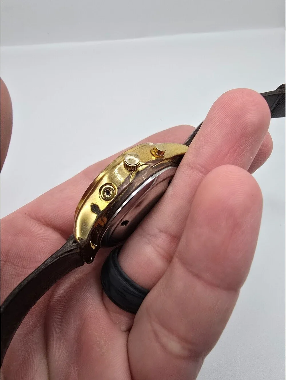 Time Optics Watch White Arabic Dial Gold Tone Brown Leather Strap